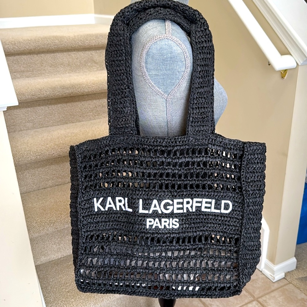 New Karl Lagerfeld Paris Antibes black tote. White embroidered writing.
